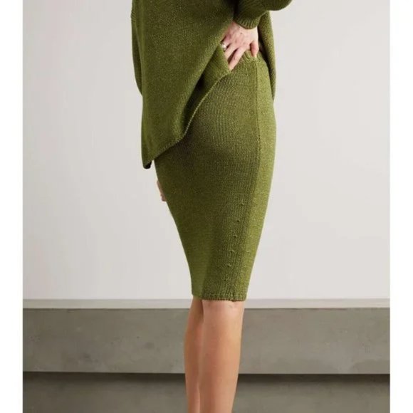 Adam Lippes Metallic Green Gold Lurex Cotton Blend Pull On Knit Skirt XL NWT - Picture 6 of 9